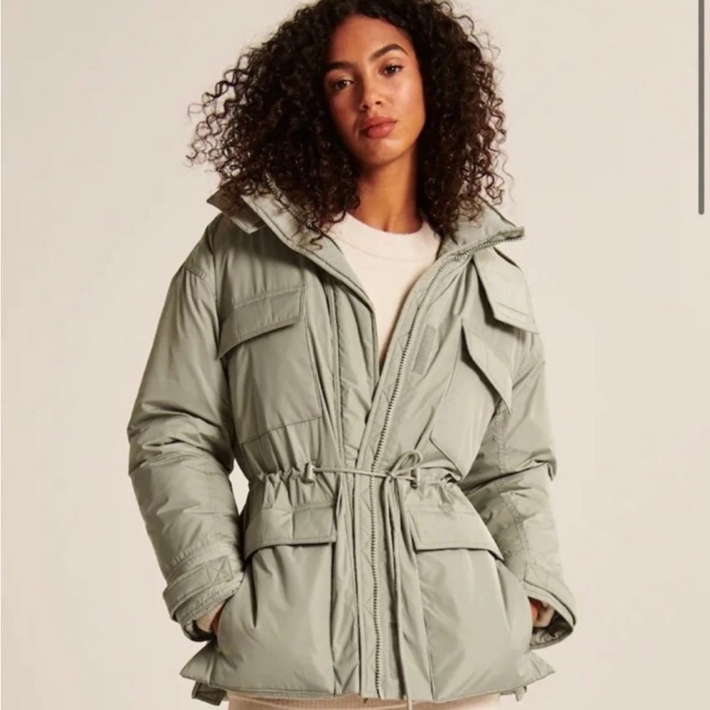Abercrombie & Fitch Sage Green Hooded Utility Puffer Jacket Small - Picture 4 of 6